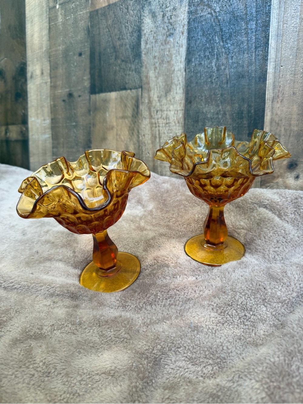Fenton Amber Ruffled Glass Compotes - Set of 2